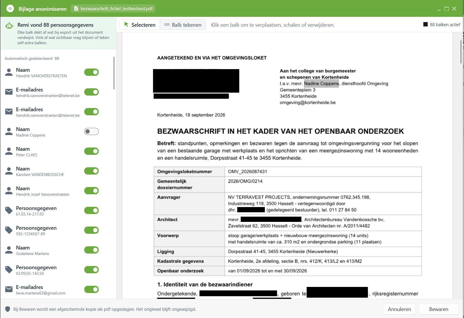 Remi spoort persoonsgegevens op in een fictief bezwaarschrift en schermt ze af in Omgeving