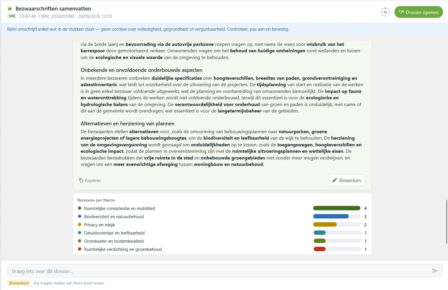 Samenvatting van bezwaarschriften in Omgeving, met een overzicht van de bezwaren per thema